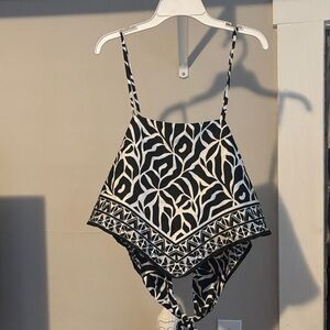 Black & White Silk Printed Halter Tie-Back Top